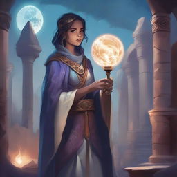 A detailed illustration of a young human female sorcerer in a Dungeons and Dragons setting