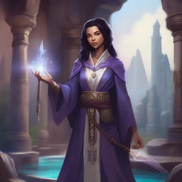 A detailed illustration of a young human female sorcerer in a Dungeons and Dragons setting