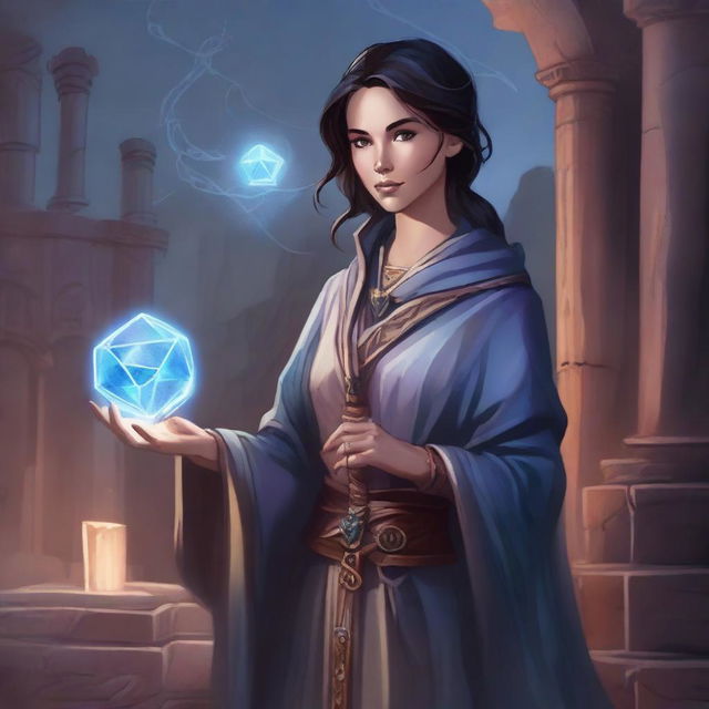 A detailed illustration of a young human female sorcerer in a Dungeons and Dragons setting