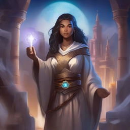 A detailed illustration of a young human female sorcerer in a Dungeons and Dragons setting