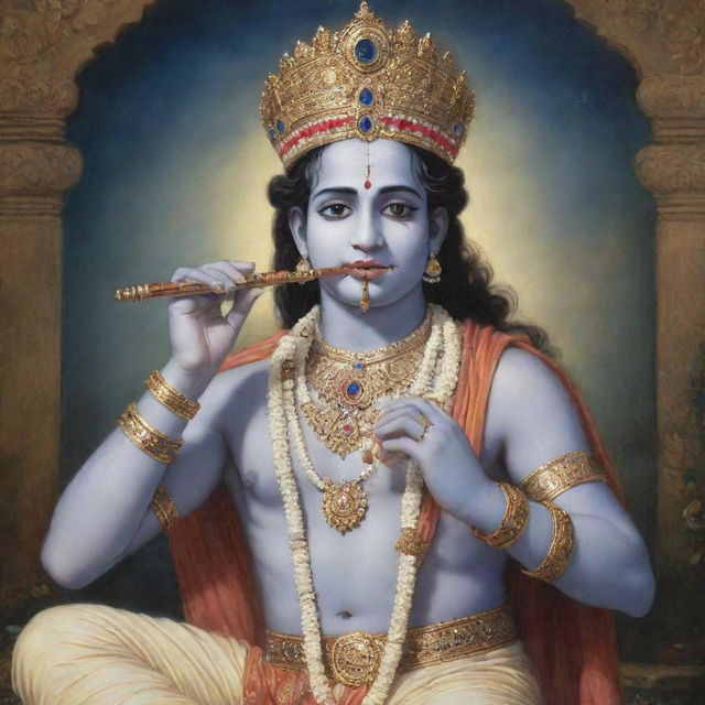 A divine image of Shri Krishna, adorned in traditional attire, playing his celestial flute surrounded by the serene beauty of Vrindavan.