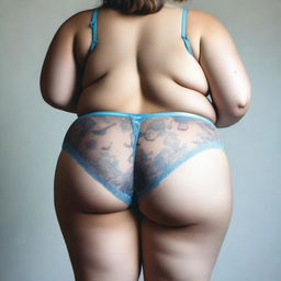 A tasteful and respectful photo of a chubby girl wearing underwear, shot from the back