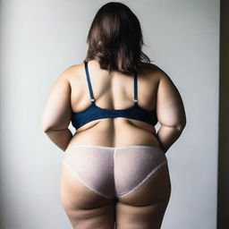 A tasteful and respectful photo of a chubby girl wearing underwear, shot from the back