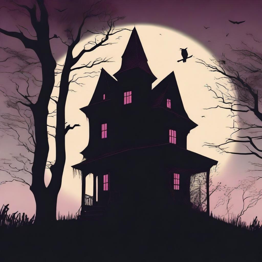 Design a horror movie poster featuring the silhouette of a creepy house formed by the phrase 'how to haunt a house' and the silhouette of a beautiful witch