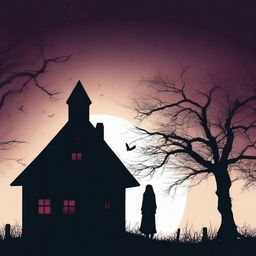 Design a horror movie poster featuring the silhouette of a creepy house formed by the phrase 'how to haunt a house' and the silhouette of a beautiful witch