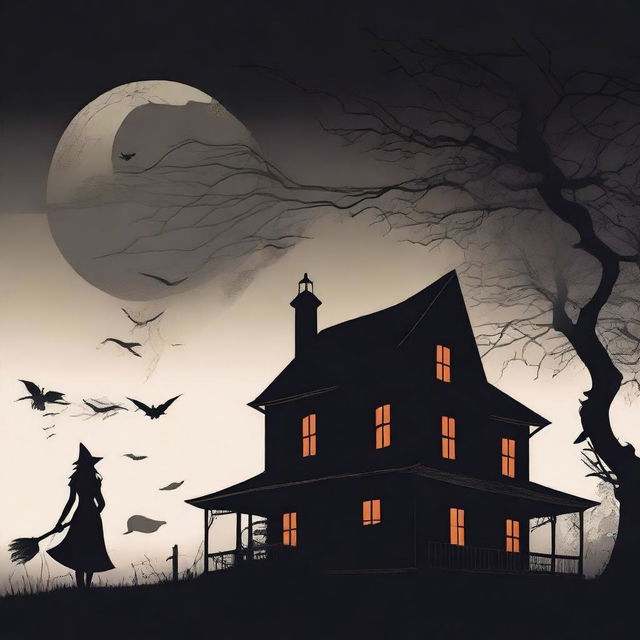 Design a horror movie poster featuring the silhouette of a creepy house formed by the phrase 'how to haunt a house' and the silhouette of a beautiful witch