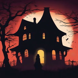 Design a horror movie poster featuring the silhouette of a creepy house formed by the phrase 'how to haunt a house' and the silhouette of a beautiful witch