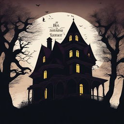 Create a horror movie poster featuring the silhouette of a creepy Victorian-style house