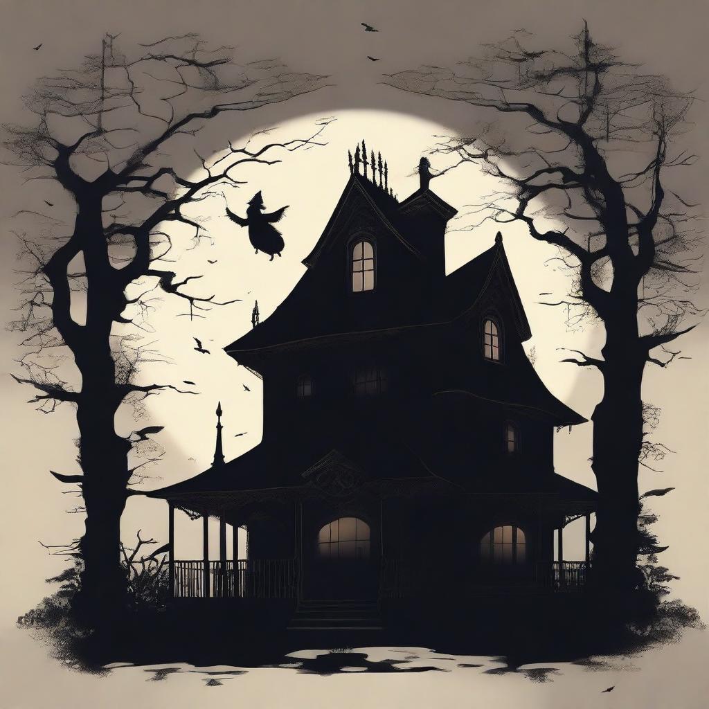 Create a horror movie poster featuring the silhouette of a creepy Victorian-style house