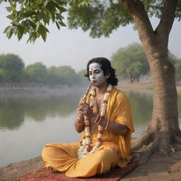 A serene image of Shri Krishna, dressed in traditional attire, playing a flute under a peepal tree on the banks of the Yamuna river.