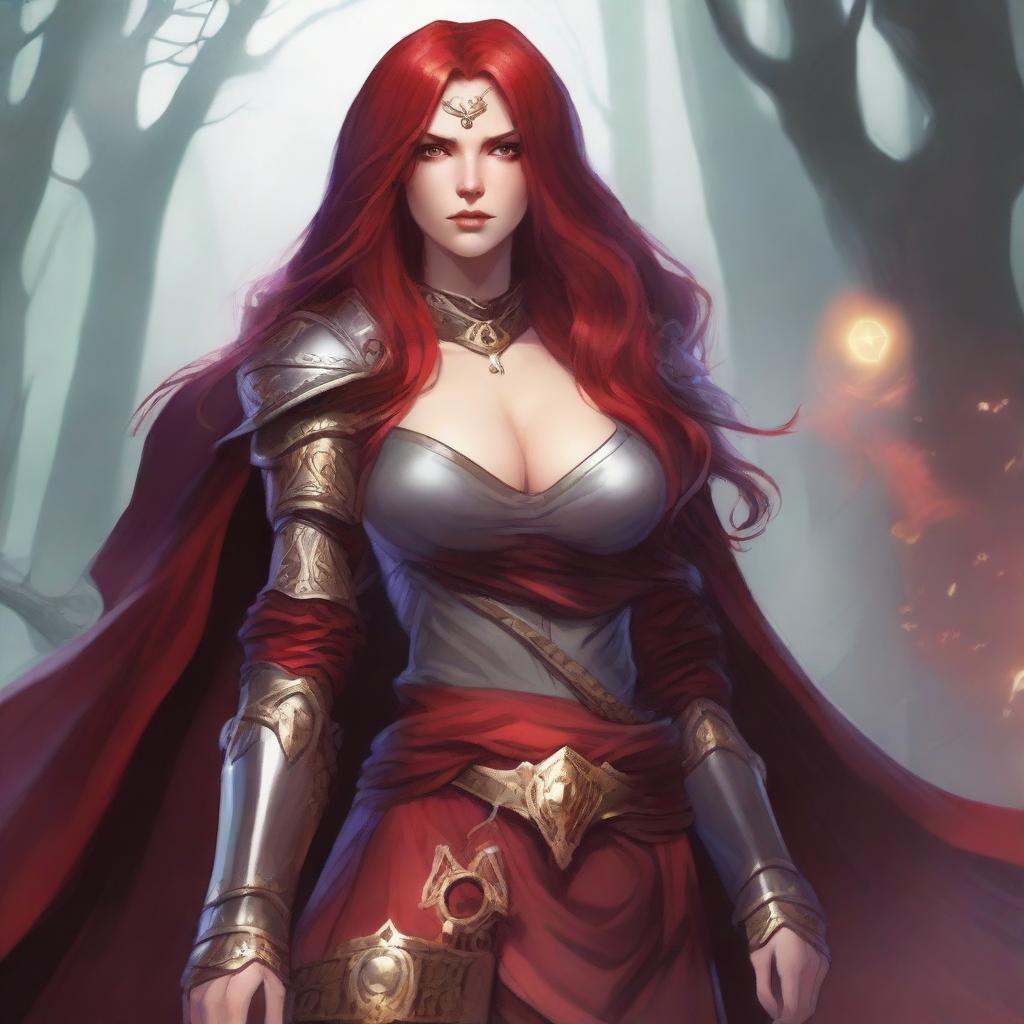 A Dungeons & Dragons character with red long locks, small shiny horns, fully golden eyes, and red skin