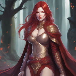 A Dungeons & Dragons character with red long locks, small shiny horns, fully golden eyes, and red skin