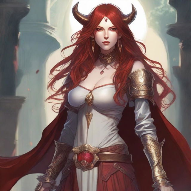 A Dungeons & Dragons character with red long locks, small shiny horns, fully golden eyes, and red skin