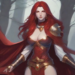 A Dungeons & Dragons character with red long locks, small shiny horns, fully golden eyes, and red skin