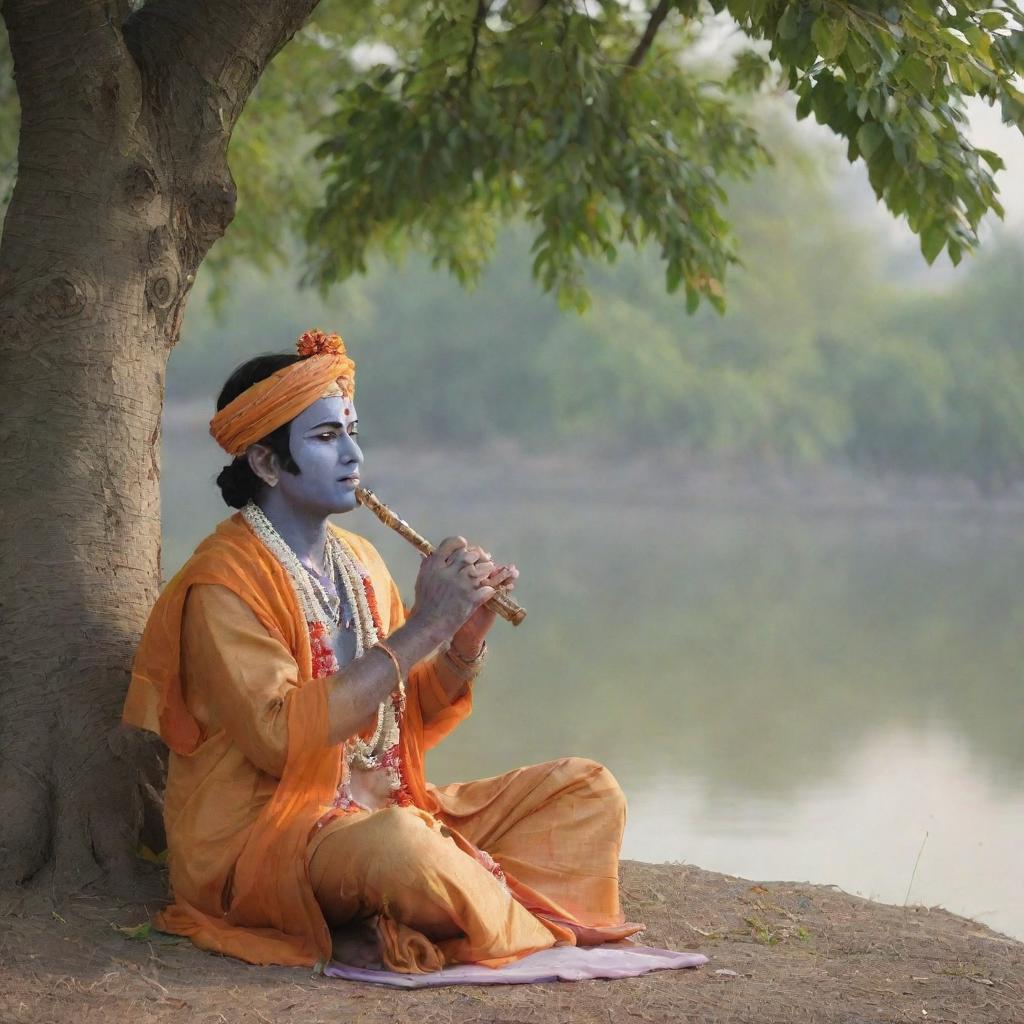 A serene image of Shri Krishna, dressed in traditional attire, playing a flute under a peepal tree on the banks of the Yamuna river.