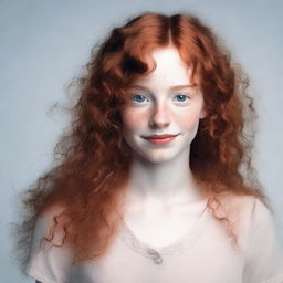 A young slender individual with extra-long, curly red hair and innocent hazel brown eyes