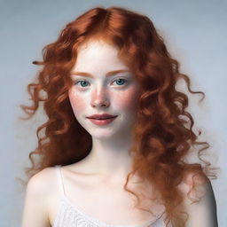 A young slender individual with extra-long, curly red hair and innocent hazel brown eyes