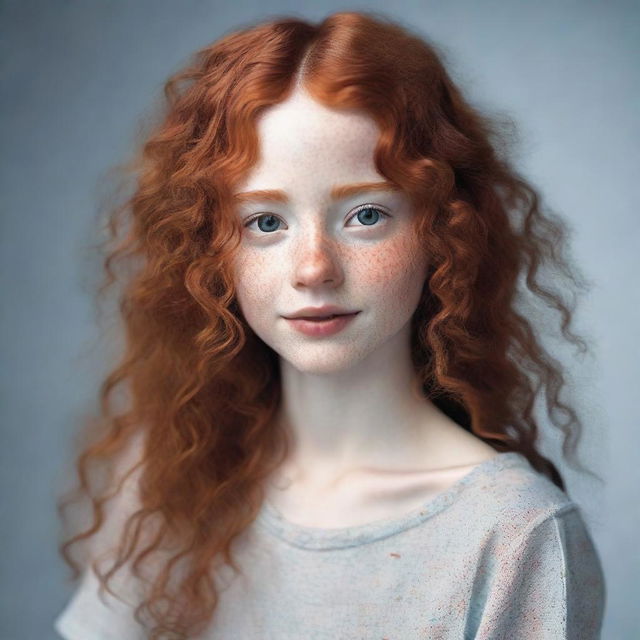 A young slender individual with extra-long, curly red hair and innocent hazel brown eyes