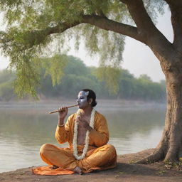 A serene image of Shri Krishna, dressed in traditional attire, playing a flute under a peepal tree on the banks of the Yamuna river.