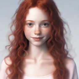 A young slender individual with extra-long, curly red hair and innocent hazel brown eyes