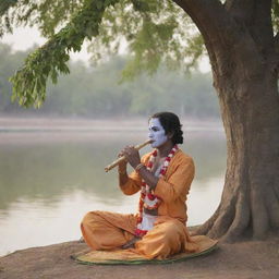 A serene image of Shri Krishna, dressed in traditional attire, playing a flute under a peepal tree on the banks of the Yamuna river.