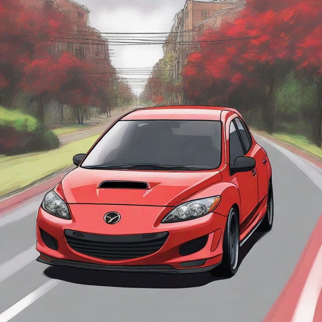 An anime-style drawing of a Gen 2 Mazdaspeed 3