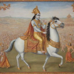 A depiction of Lord Krishna as charioteer, advising Arjun in the battlefield of Kurukshetra, as described in the Bhagavad Gita.