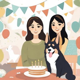 Create an image of a brunette girl with brown eyes, black straight hair, wearing loose clothing celebrating her birthday next to her German Shepherd dogs and her white rabbit