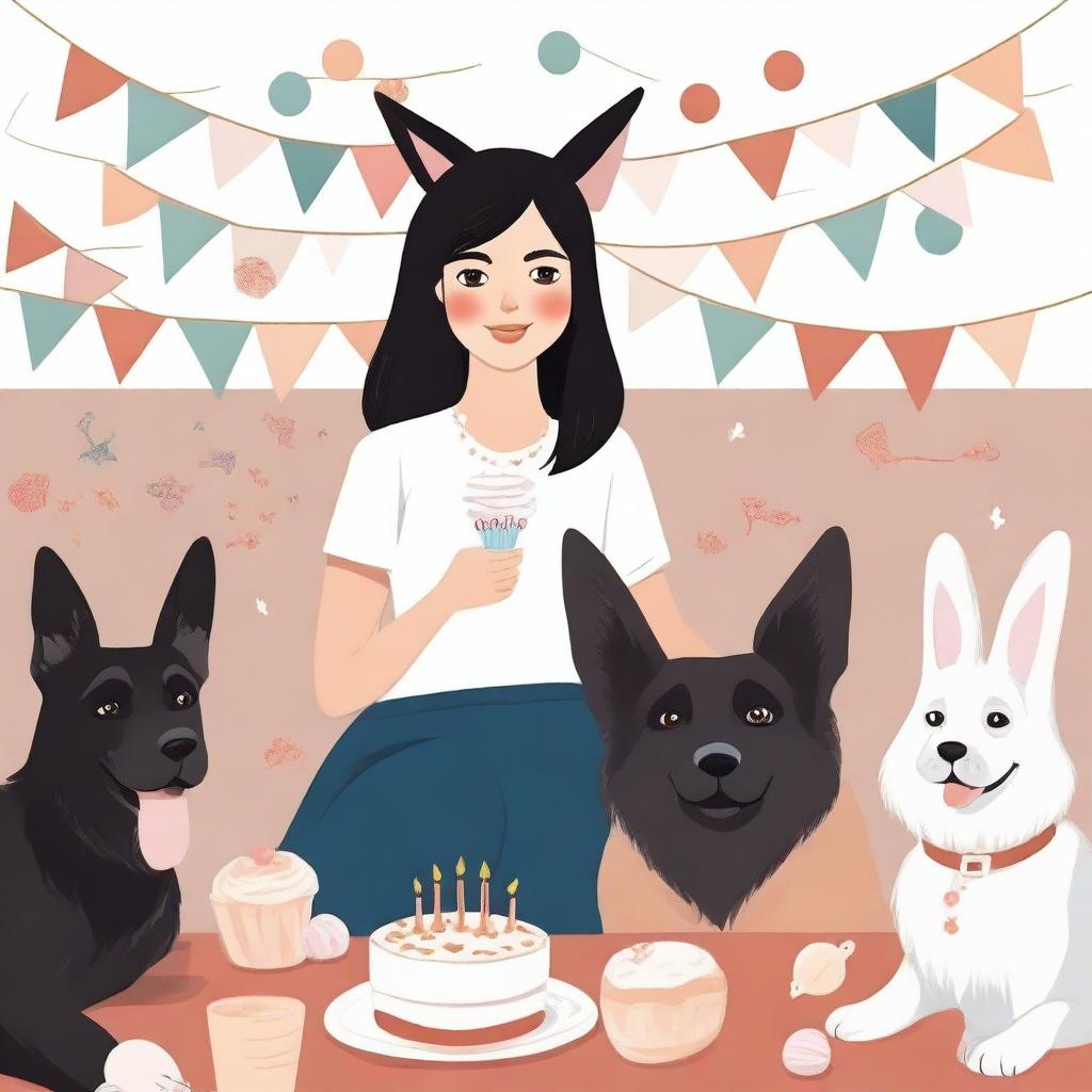 Create an image of a brunette girl with brown eyes, black straight hair, wearing loose clothing celebrating her birthday next to her German Shepherd dogs and her white rabbit