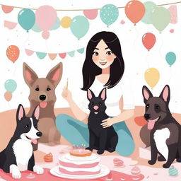 Create an image of a brunette girl with brown eyes, black straight hair, wearing loose clothing celebrating her birthday next to her German Shepherd dogs and her white rabbit