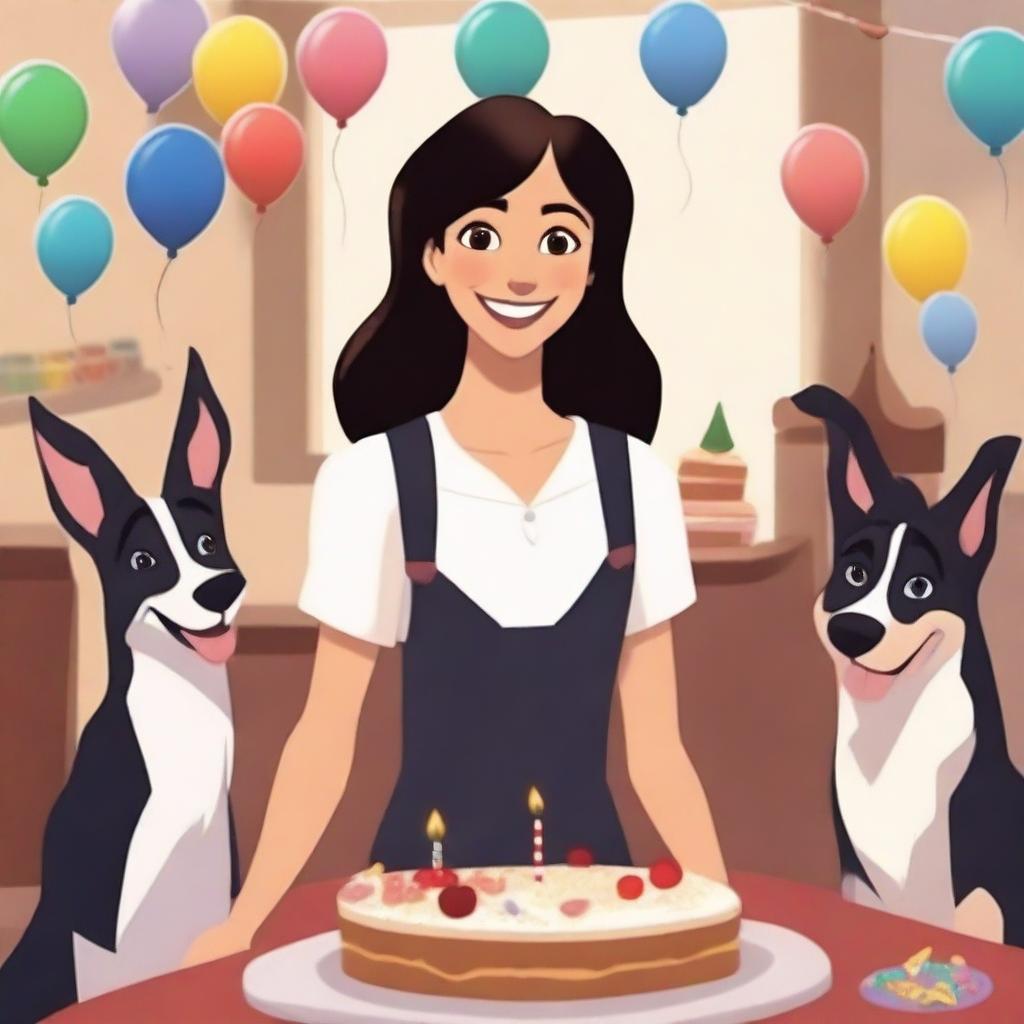 Create an image of a brunette girl with brown eyes, black straight hair, wearing loose clothing celebrating her birthday next to her German Shepherd dogs and her white rabbit in Pixar style