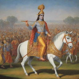 A depiction of Lord Krishna as charioteer, advising Arjun in the battlefield of Kurukshetra, as described in the Bhagavad Gita.