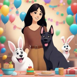 Create an image of a brunette girl with brown eyes, black straight hair, wearing loose clothing celebrating her birthday next to her German Shepherd dogs and her white rabbit in Pixar style