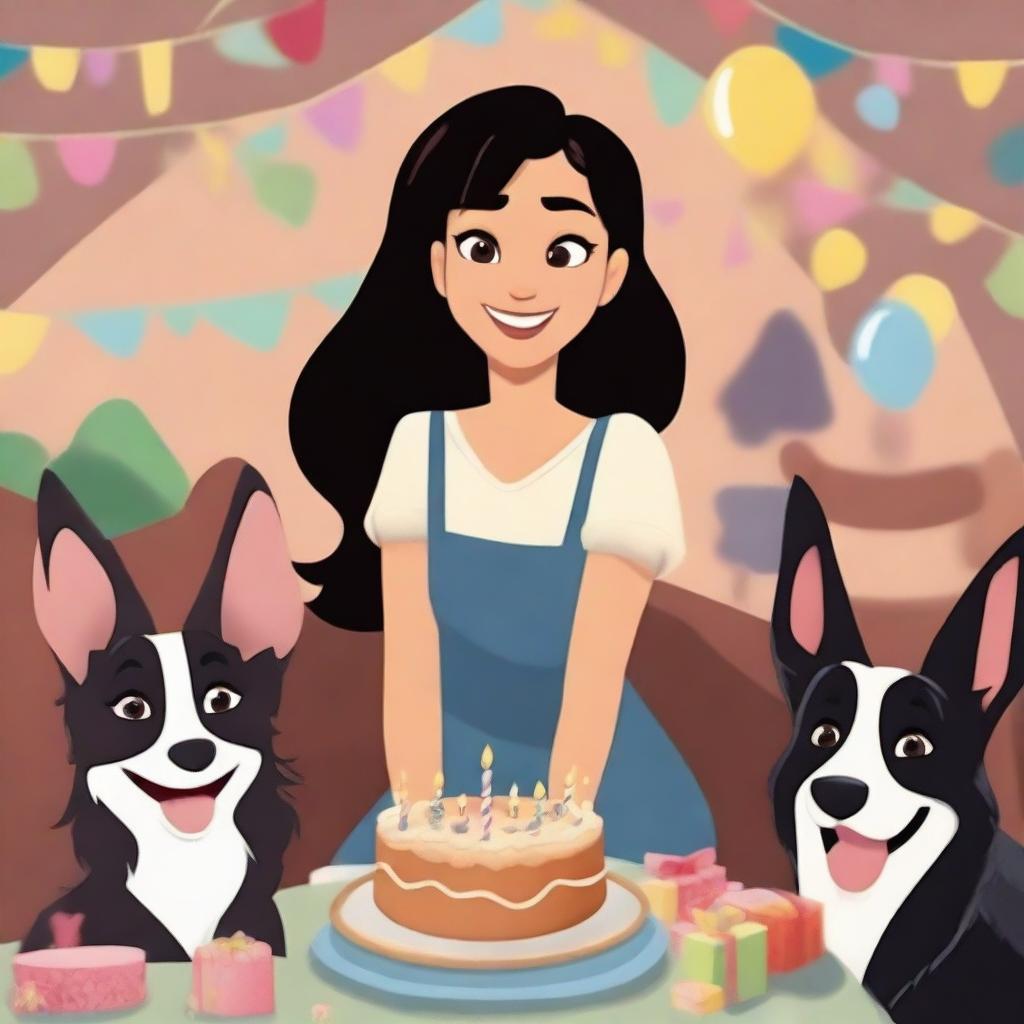 Create an image of a brunette girl with brown eyes, black straight hair, wearing loose clothing celebrating her birthday next to her German Shepherd dogs and her white rabbit in Pixar style