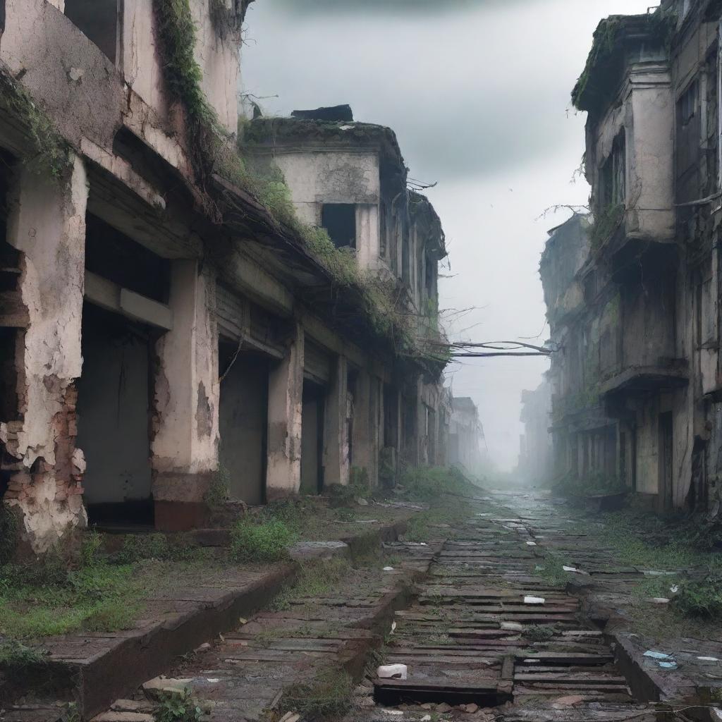 A pathway in a city in ruins, with crumbling buildings, overgrown vegetation, and a sense of abandonment