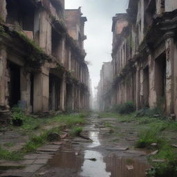 A pathway in a city in ruins, with crumbling buildings, overgrown vegetation, and a sense of abandonment