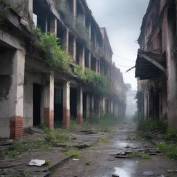 A pathway in a city in ruins, with crumbling buildings, overgrown vegetation, and a sense of abandonment