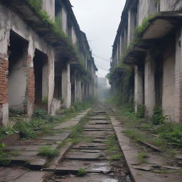 A pathway in a city in ruins, with crumbling buildings, overgrown vegetation, and a sense of abandonment