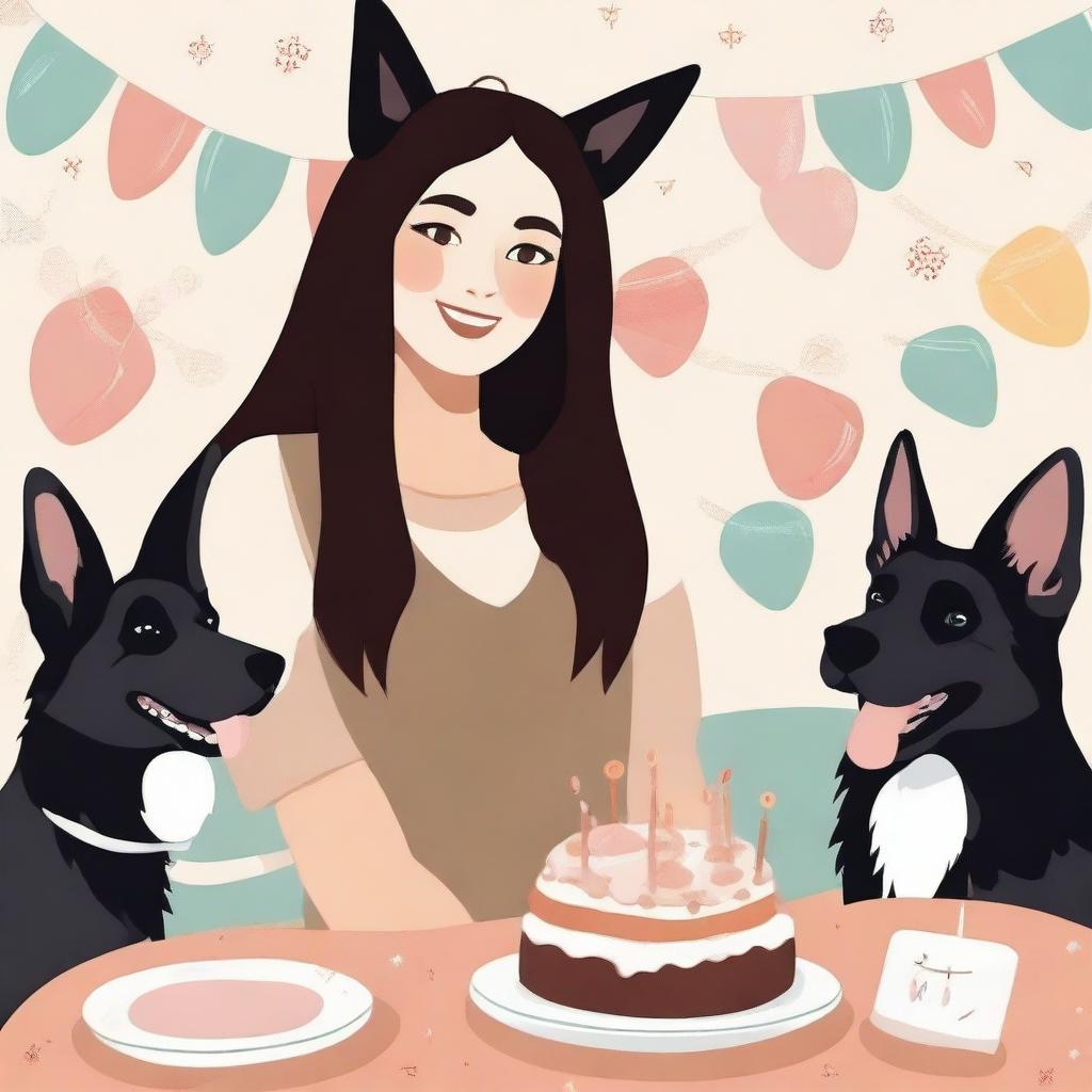 Create an image of a brunette girl with brown eyes, black straight hair, wearing loose clothing celebrating her birthday next to her German Shepherd dogs and her white rabbit