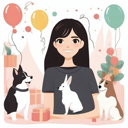 Create an image of a brunette girl with brown eyes, black straight hair, wearing loose clothing celebrating her birthday next to her German Shepherd dogs and her white rabbit