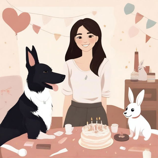 Create an image of a brunette girl with brown eyes, black straight hair, wearing loose clothing celebrating her birthday next to her German Shepherd dogs and her white rabbit