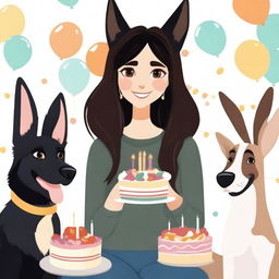 Create an image of a brunette girl with brown eyes, black straight hair, wearing loose clothing celebrating her birthday next to her German Shepherd dogs and her white rabbit