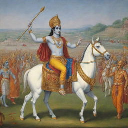 A depiction of Lord Krishna as charioteer, advising Arjun in the battlefield of Kurukshetra, as described in the Bhagavad Gita.