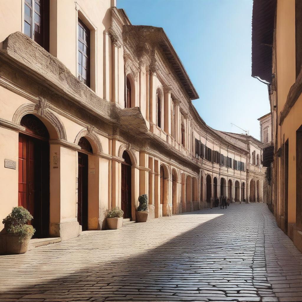 A road in an ancient city, lined with cobblestone streets and surrounded by historic buildings with classical architecture