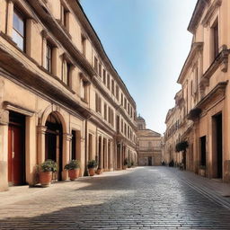 A road in an ancient city, lined with cobblestone streets and surrounded by historic buildings with classical architecture