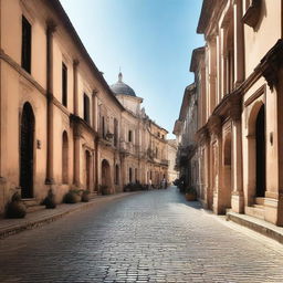 A road in an ancient city, lined with cobblestone streets and surrounded by historic buildings with classical architecture