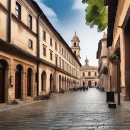 A road in an ancient city, lined with cobblestone streets and surrounded by historic buildings with classical architecture