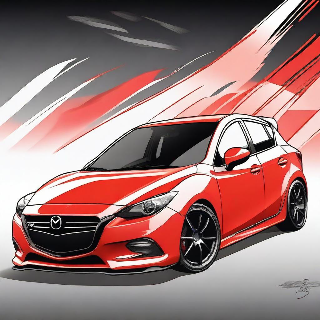 A detailed anime-style drawing of a Gen 2 Mazdaspeed 3