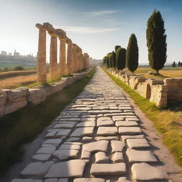 A Roman road, paved with large stone slabs, stretching through a scenic landscape