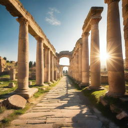 A Roman road, paved with large stone slabs, stretching through a scenic landscape